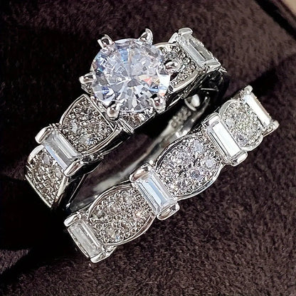 2pcs Paved Shining Zirconia Glamorous Stacking Rings Symbol Of Luxury And Nobility Engagement/Wedding Ring Dupes Luxury Jewelry Chic Le'Meek