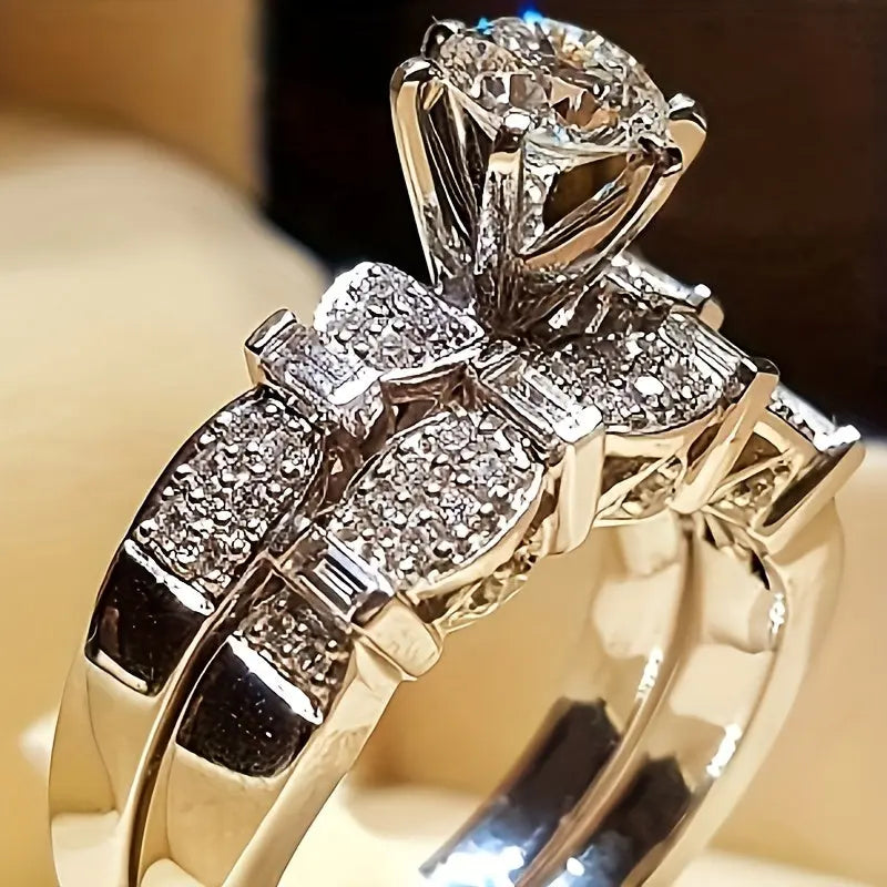 2pcs Paved Shining Zirconia Glamorous Stacking Rings Symbol Of Luxury And Nobility Engagement/Wedding Ring Dupes Luxury Jewelry Chic Le'Meek