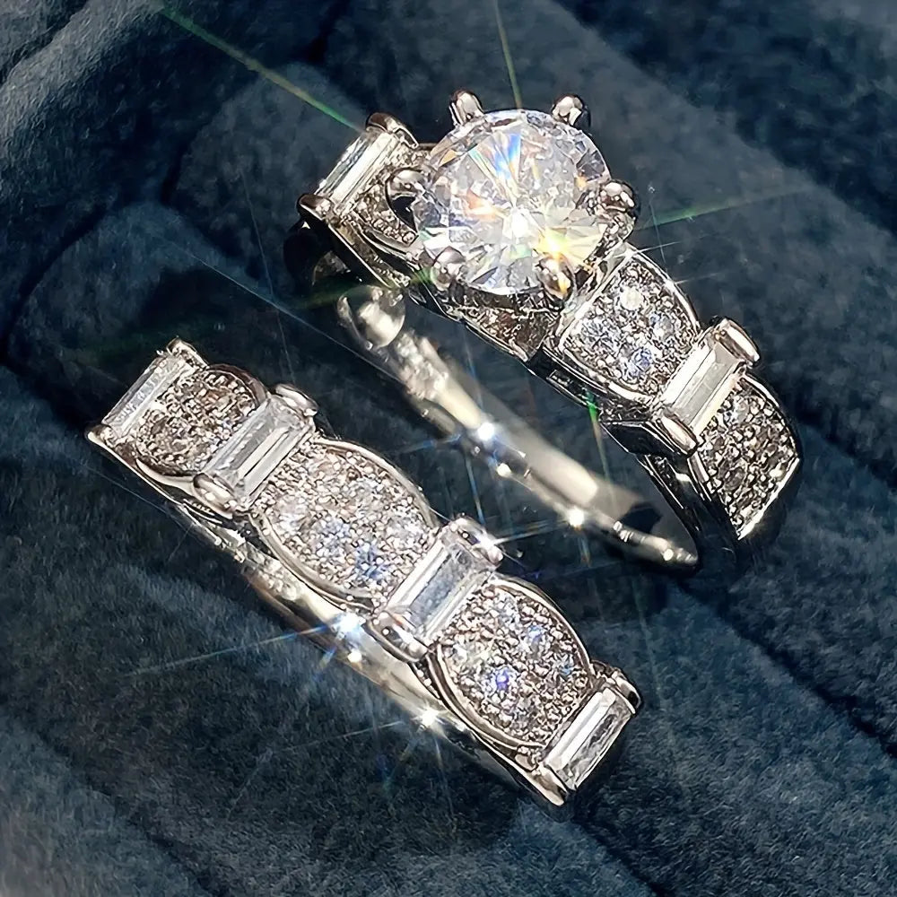 2pcs Paved Shining Zirconia Glamorous Stacking Rings Symbol Of Luxury And Nobility Engagement/Wedding Ring Dupes Luxury Jewelry Chic Le'Meek
