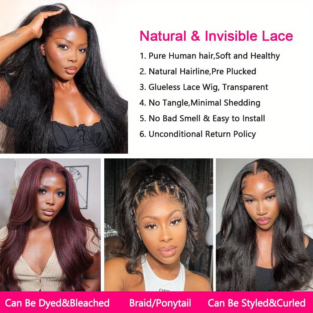 Kinky Straight Lace Front Wigs Human Hair Pre Plucked With Baby Hair 180% Density Yaki Straight 13x4 Transparent HD Glueless Lace Wig Human Hair Wigs For Women