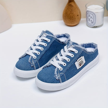 Chic Canvas Mule Sneakers - Breathable, Comfortable, Round Toe, Lace-Up Design, Slip-On, Flat Shoes for Casual Wear - Soft Canvas Inner, Rubber Sole, Solid Color, Perfect for Daily Outings