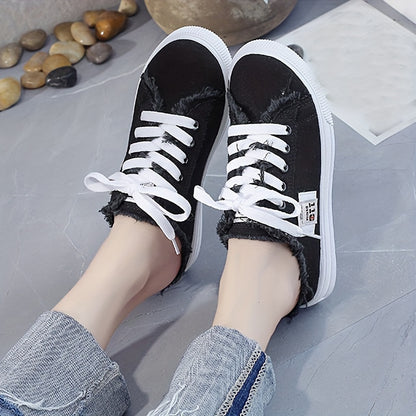 Chic Canvas Mule Sneakers - Breathable, Comfortable, Round Toe, Lace-Up Design, Slip-On, Flat Shoes for Casual Wear - Soft Canvas Inner, Rubber Sole, Solid Color, Perfect for Daily Outings