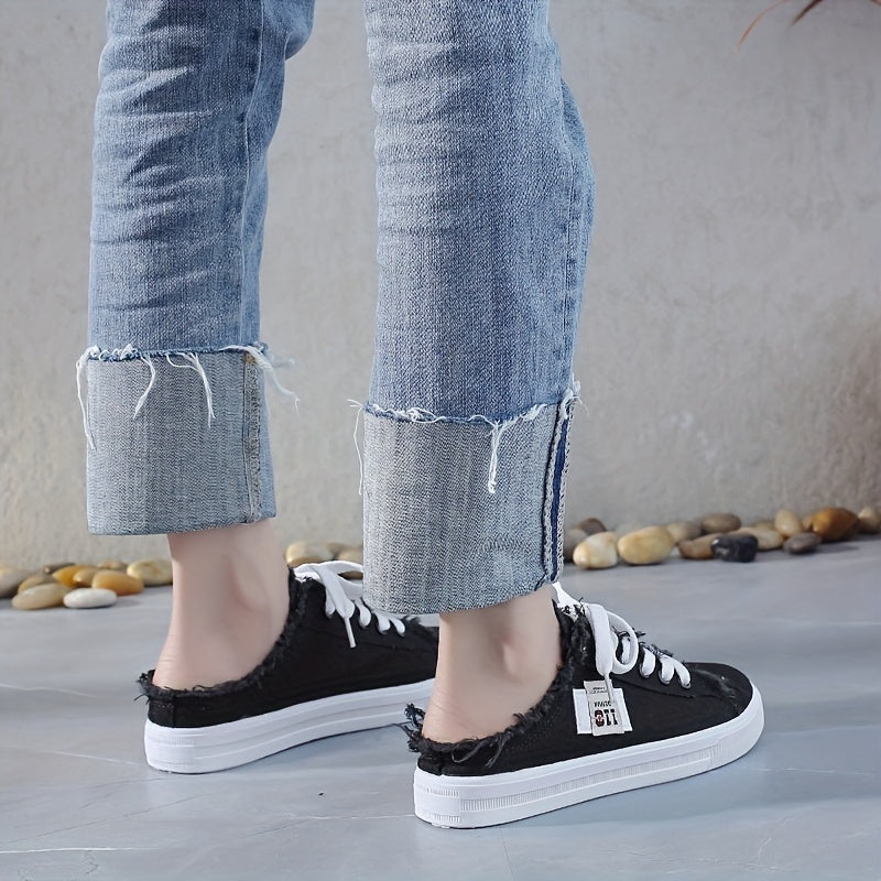 Chic Canvas Mule Sneakers - Breathable, Comfortable, Round Toe, Lace-Up Design, Slip-On, Flat Shoes for Casual Wear - Soft Canvas Inner, Rubber Sole, Solid Color, Perfect for Daily Outings