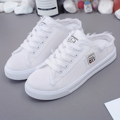 Chic Canvas Mule Sneakers - Breathable, Comfortable, Round Toe, Lace-Up Design, Slip-On, Flat Shoes for Casual Wear - Soft Canvas Inner, Rubber Sole, Solid Color, Perfect for Daily Outings