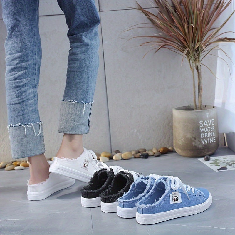 Chic Canvas Mule Sneakers - Breathable, Comfortable, Round Toe, Lace-Up Design, Slip-On, Flat Shoes for Casual Wear - Soft Canvas Inner, Rubber Sole, Solid Color, Perfect for Daily Outings