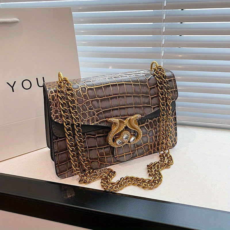 Women's Elegant Crocodile Pattern Handbag, Luxury Square Bag, PU Material, Chain Strap Shoulder & Crossbody Purse