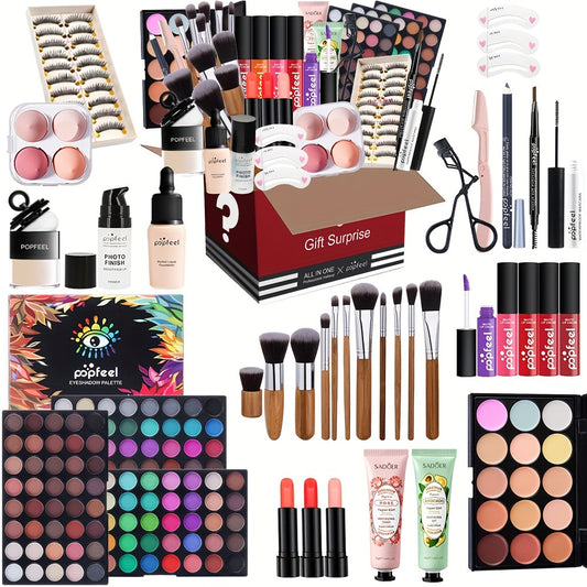 POPFEEL All-in-One Makeup Kit Gift Set with Eyeshadow Palette, Foundation, Lip Gloss, Blush, Brushes, Eyeliner, and More