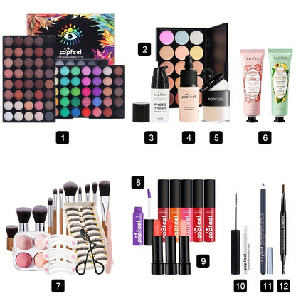 POPFEEL All-in-One Makeup Kit Gift Set with Eyeshadow Palette, Foundation, Lip Gloss, Blush, Brushes, Eyeliner, and More