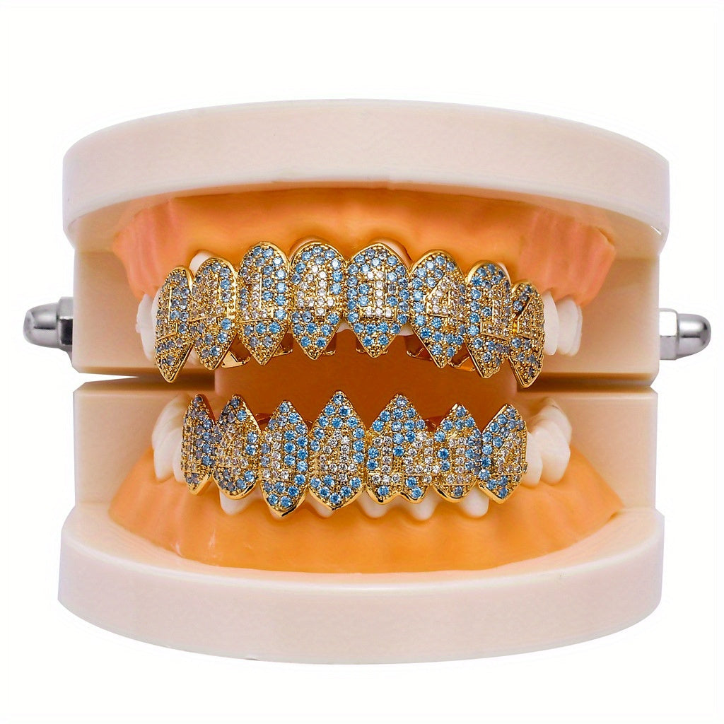 Hip Hop Style 8-Tooth Vampire Fang Grillz Set, Unisex, Luxury Iced Out Pave Teeth Caps, Party Accessory