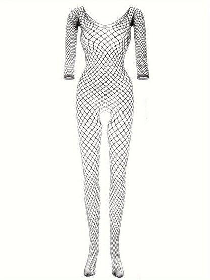 Women's Plus Sexy Lingerie Bodystockings, Plus Size Hot Hollow Out Long Sleeve Crotchless Sheer Bodysuit