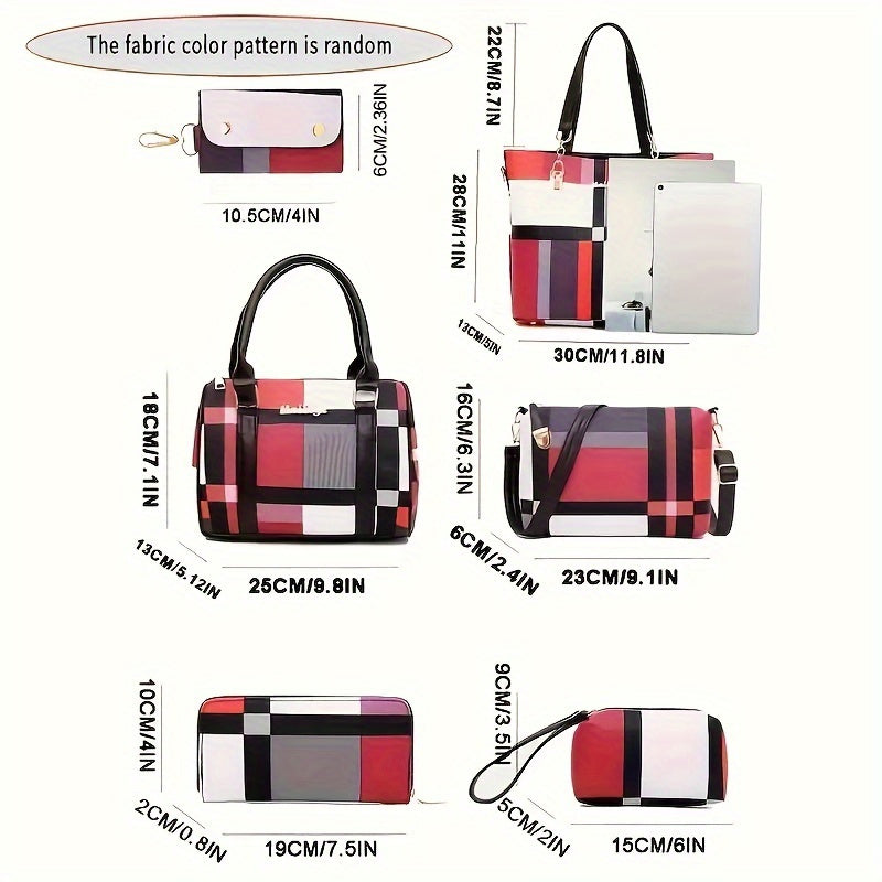 6-Pcs Stylish Plaid PU Leather Tote Handbags - Zipper Closure, Polyester Lining, Top-Handle, Shoulder Strap, Crossbody Design - European and American Style, Perfect for Daily Use