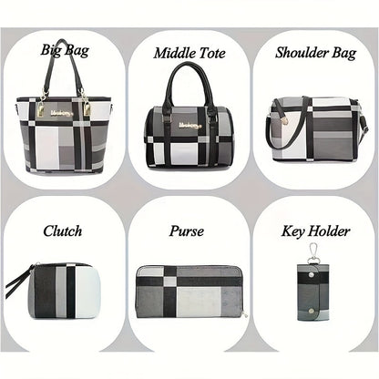 6-Pcs Stylish Plaid PU Leather Tote Handbags - Zipper Closure, Polyester Lining, Top-Handle, Shoulder Strap, Crossbody Design - European and American Style, Perfect for Daily Use