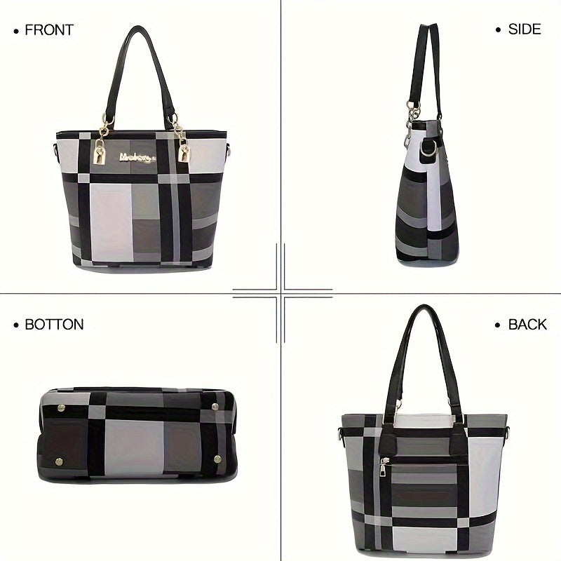 6-Pcs Stylish Plaid PU Leather Tote Handbags - Zipper Closure, Polyester Lining, Top-Handle, Shoulder Strap, Crossbody Design - European and American Style, Perfect for Daily Use