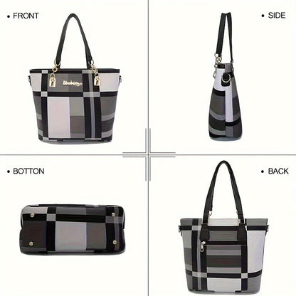 6-Pcs Stylish Plaid PU Leather Tote Handbags - Zipper Closure, Polyester Lining, Top-Handle, Shoulder Strap, Crossbody Design - European and American Style, Perfect for Daily Use