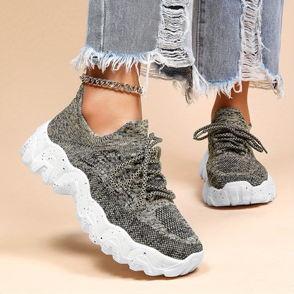 Womens Breathable Low Top Sneakers - Lightweight, Lace-Up, Fabric Upper, Rubber Sole, Solid Color, Casual, Sporty, All-Season Shoes for Everyday Wear