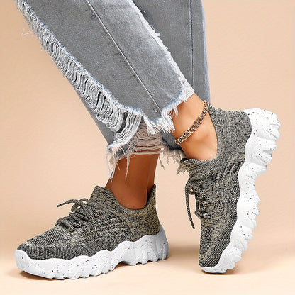 Womens Breathable Low Top Sneakers - Lightweight, Lace-Up, Fabric Upper, Rubber Sole, Solid Color, Casual, Sporty, All-Season Shoes for Everyday Wear