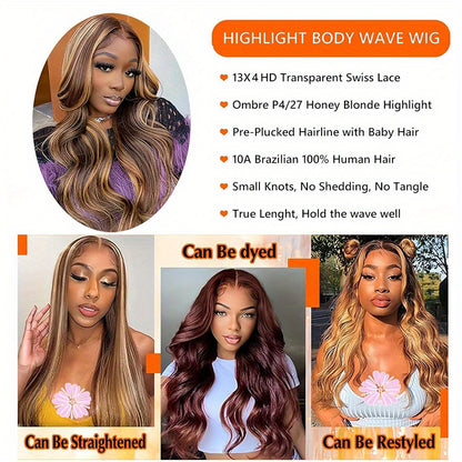 250% Density Wigs Human Hair Long Body Wave Lace Front Wigs Human Hair Wig 4/27 Honey Blonde Pre Plucked With Baby Hair