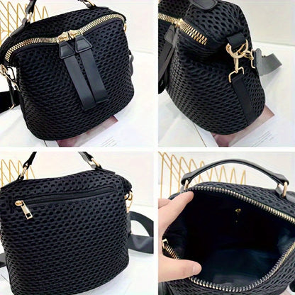 Women's Hollow Out Shoulder Bag, Classic Zipper Crossbody Bag, Fashion Black Handbag