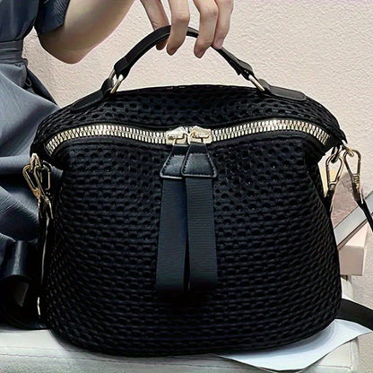 Women's Hollow Out Shoulder Bag, Classic Zipper Crossbody Bag, Fashion Black Handbag