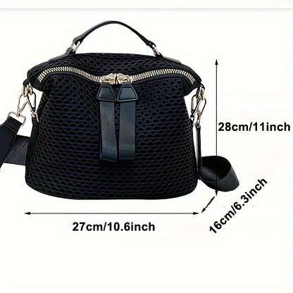 Women's Hollow Out Shoulder Bag, Classic Zipper Crossbody Bag, Fashion Black Handbag