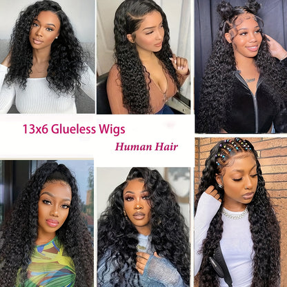 Put On And Go 13x6 Water Wave Wig Glueless Wigs Human Hair Pre Plucked Pre Cut Human Hair Wigs 200% Density For Women Human Hair HD Lace Frontal Deep Curly Wigs Glueless Wig For Beginners