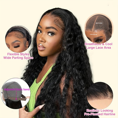 Put On And Go 13x6 Water Wave Wig Glueless Wigs Human Hair Pre Plucked Pre Cut Human Hair Wigs 200% Density For Women Human Hair HD Lace Frontal Deep Curly Wigs Glueless Wig For Beginners