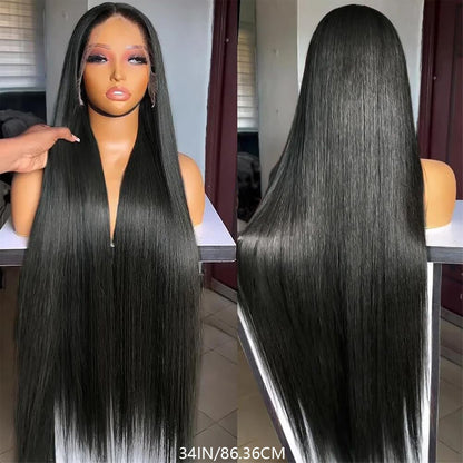 250% Density Straight Lace Front Wig Transparent HD 13x6 Straight Brazilian Virgin Human Hair Lace Frontal Wigs Pre Plucked With Baby Hair Black For Women 34Inch