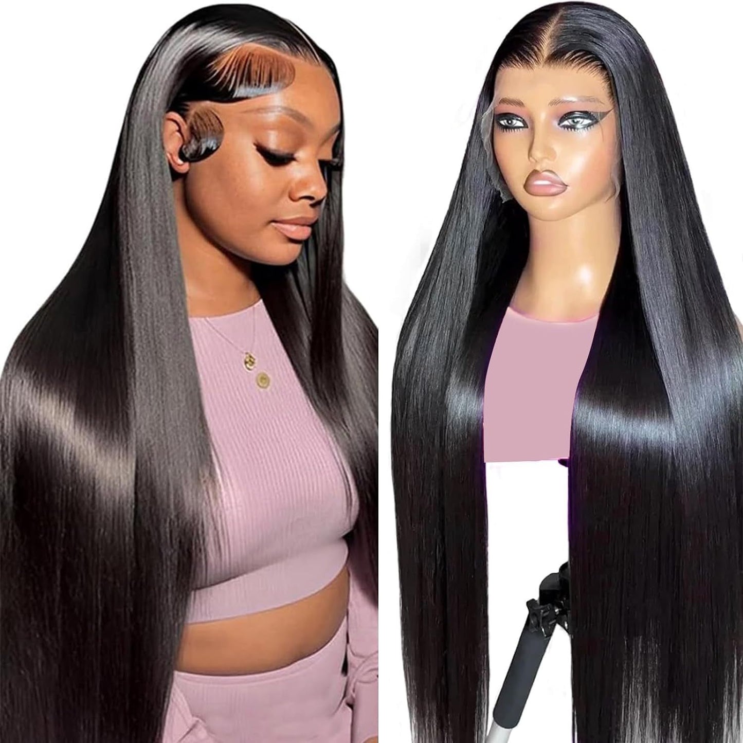 250% Density Straight Lace Front Wig Transparent HD 13x6 Straight Brazilian Virgin Human Hair Lace Frontal Wigs Pre Plucked With Baby Hair Black For Women 34Inch