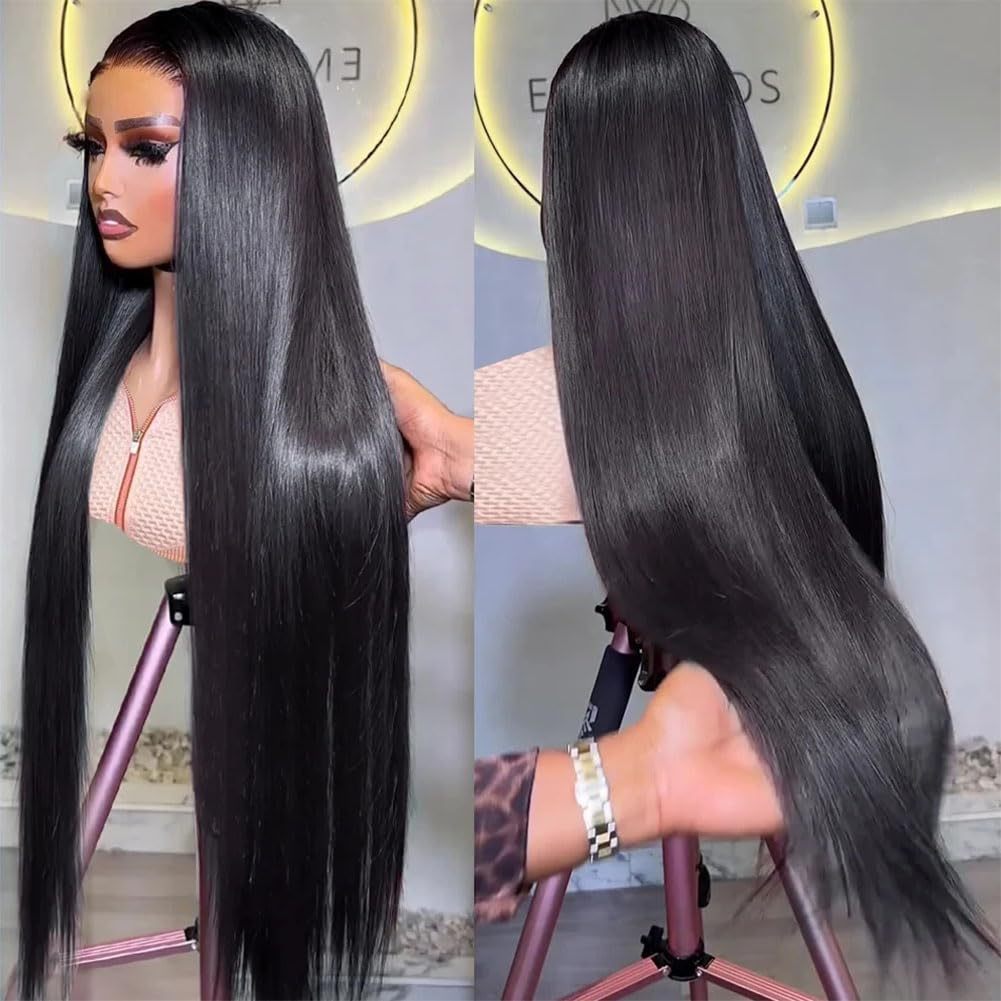 250% Density Straight Lace Front Wig Transparent HD 13x6 Straight Brazilian Virgin Human Hair Lace Frontal Wigs Pre Plucked With Baby Hair Black For Women 34Inch