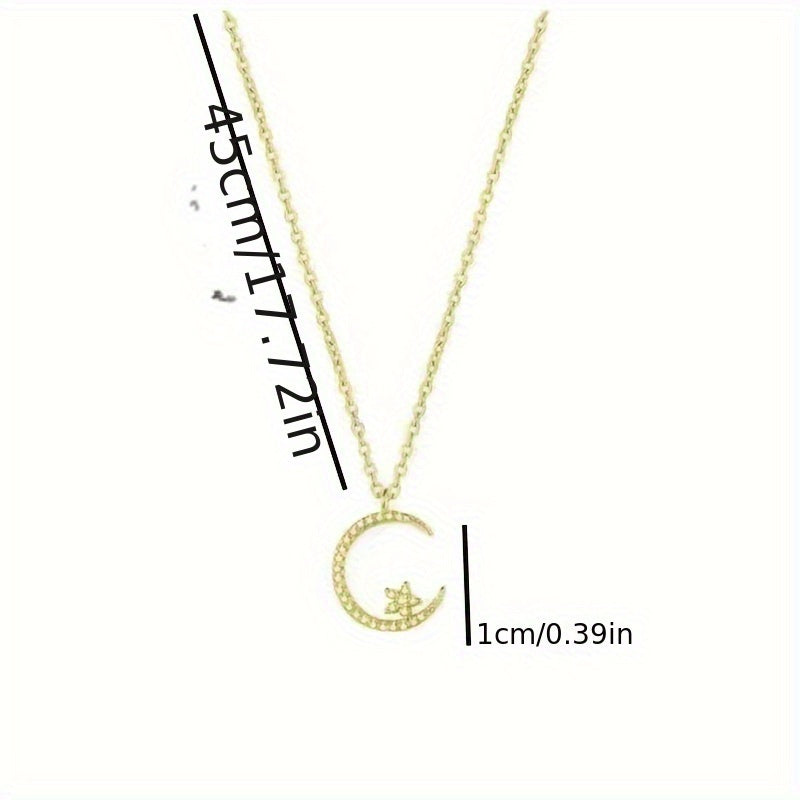 Star Moon Super Sparkle Exquisite Dainty Zircon Ramadan Pendant Necklace, Minimalist Elegant Lovely Versatile Daily Wear Clavicle Chain Jewelry