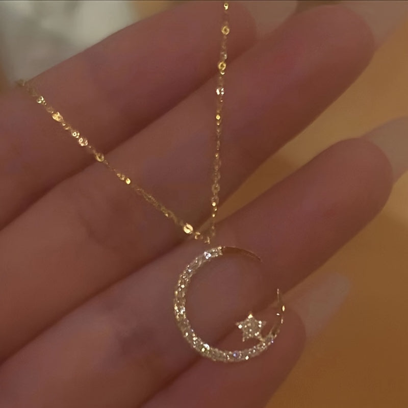 Star Moon Super Sparkle Exquisite Dainty Zircon Ramadan Pendant Necklace, Minimalist Elegant Lovely Versatile Daily Wear Clavicle Chain Jewelry