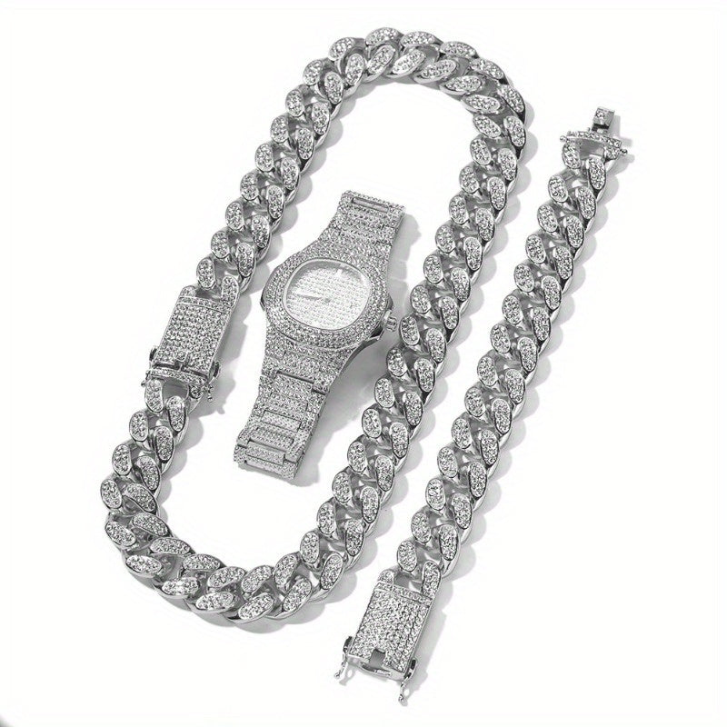 Hip Hop Iced Out Chain Necklace+Watch+Bracelet Set Men Cuban Link Chain New Rhinestone Necklace for Men Jewelry Watch Gift