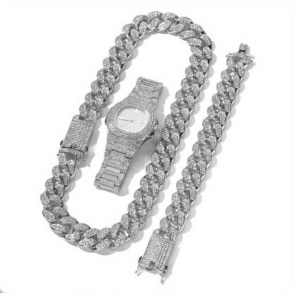 Hip Hop Iced Out Chain Necklace+Watch+Bracelet Set Men Cuban Link Chain New Rhinestone Necklace for Men Jewelry Watch Gift