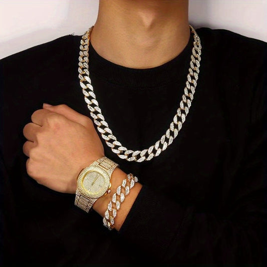 Hip Hop Iced Out Chain Necklace+Watch+Bracelet Set Men Cuban Link Chain New Rhinestone Necklace for Men Jewelry Watch Gift