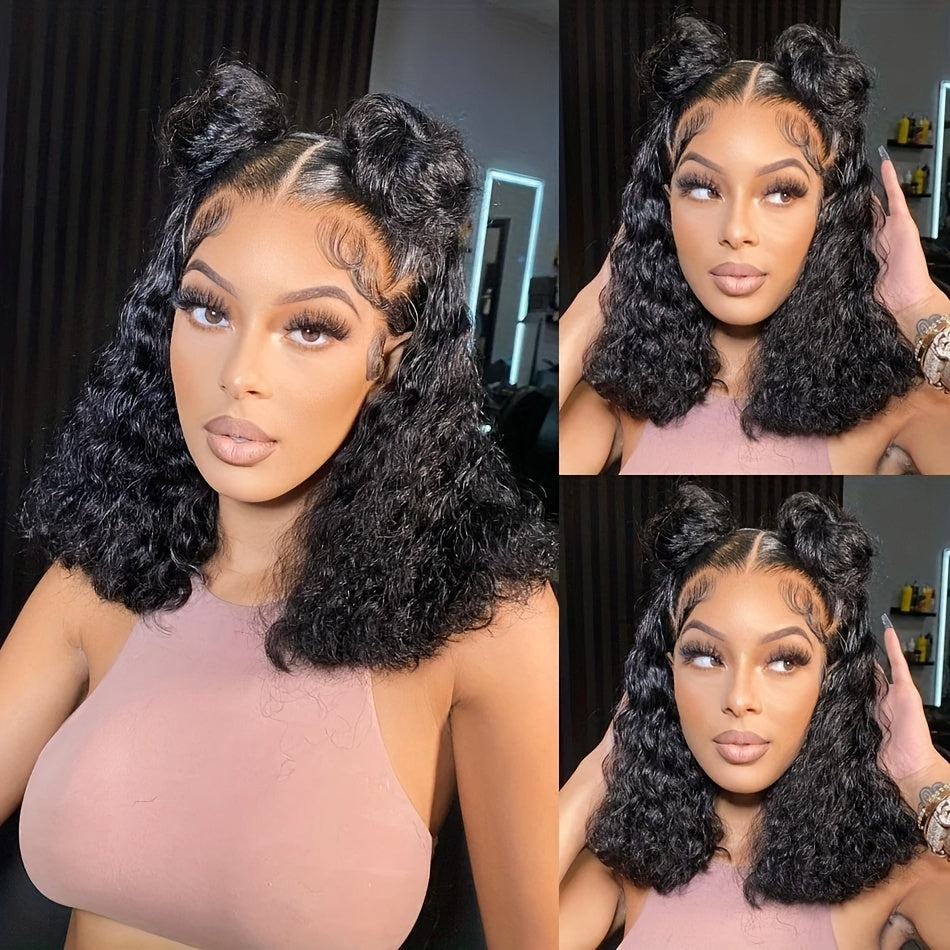 13x4 Deep Wave Curly Bob Wig Human Hair Lace Frontal Wigs 180 Density Glueless Wigs Water Wave Wig 10-16inch