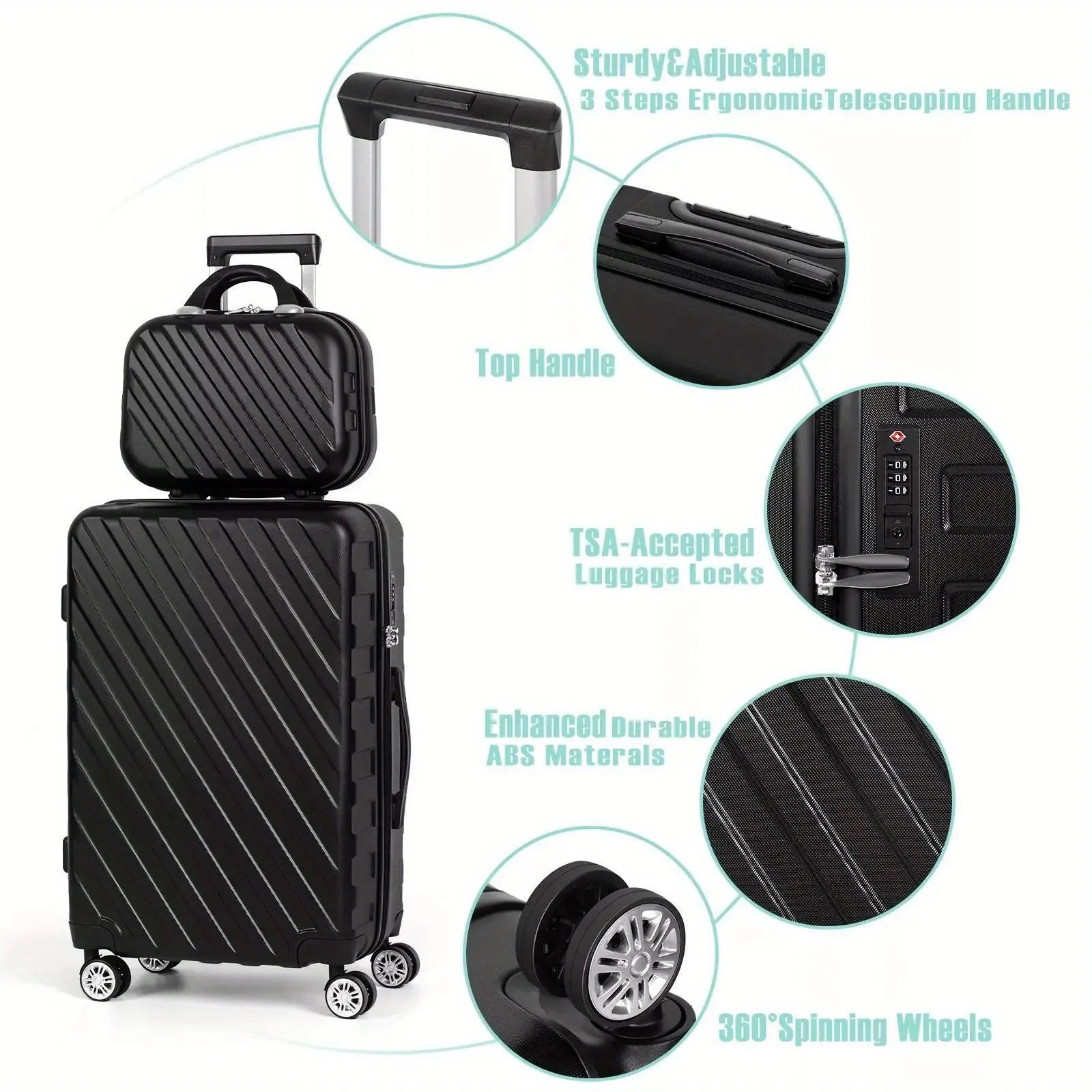5-Piece ABS Luggage Set, Includes 12", 14", 20", 24" & 28" Hardside Spinner Suitcases, With TSA Lock Spinner Wheels Durable Travel Luggage AliExpress