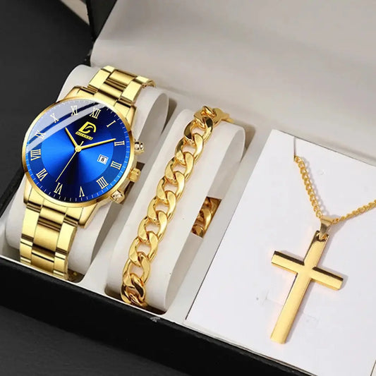 3pcs/ set, Men's Watch, Casual Mens Fashion Stainless Steel Quartz Watch & Bracelet & Necklace, Gifts for Men Chic Le'Meek