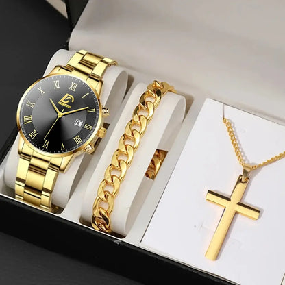 3pcs/ set, Men's Watch, Casual Mens Fashion Stainless Steel Quartz Watch & Bracelet & Necklace, Gifts for Men Chic Le'Meek