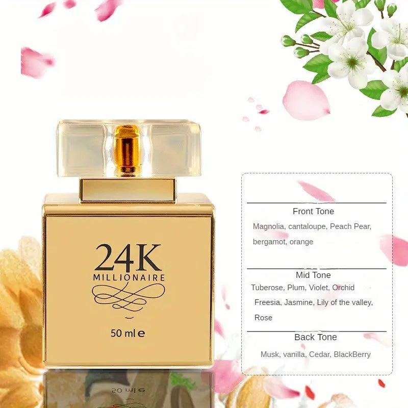 24 Millionaire Eau De Parfum for Women 1.7oz - Luxurious Golden-Tone Transparent Bottle, Long-Lasting Floral & Fruity Scent, 10-20% Concentration, Perfect for Dating, Daily Use & Gift Giving Chic Le'Meek
