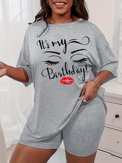 Plus Size Womens Comfort Lounge Set - Bold Eye & Slogan Print Tee with Shorts, Round Neck, Short Sleeve, Drop Shoulder - 2 Piece Casual Home Wear Set for a Stylish Relaxation