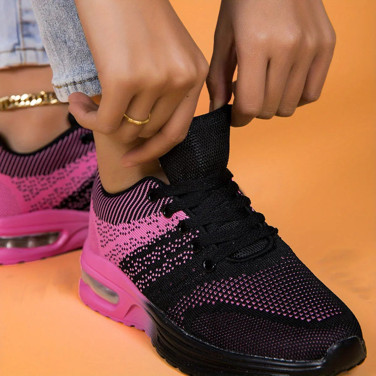 Women's Plus Size Air Cushion Sneakers - Breathable Mesh & Stabilizing Support, All-Season Comfort Casual Running & Fitness Shoes, Stylish Red Sneakers with PU Sole & Fabric Lining, Ladies Sneakers, Vibrant Gradient Design, F Chic Le'Meek