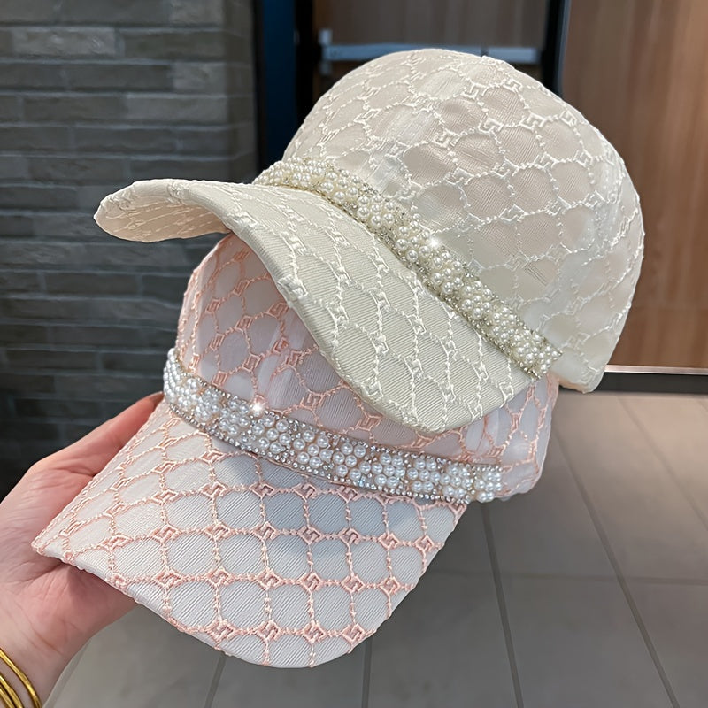 Summer Breathable Mesh Baseball Cap, Lightweight Faux Pearl Embellished Peaked Hat, Breathable Soft Top Dad Hat For Women