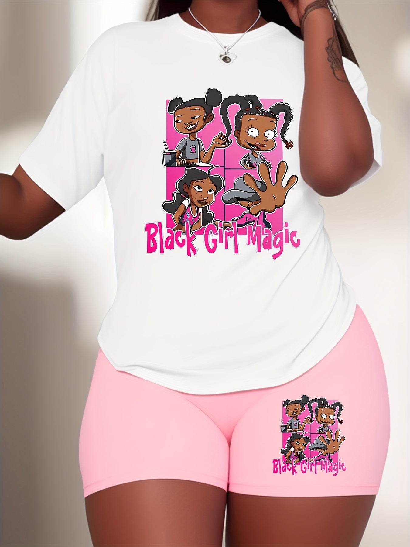 Women's Plus Size Sport 2-Piece Set "Black Girl Magic" Printed White T-Shirt And Blue Shorts, Casual Summer Outfit For Women, Inspirational Graphic Tee With Matching Shorts