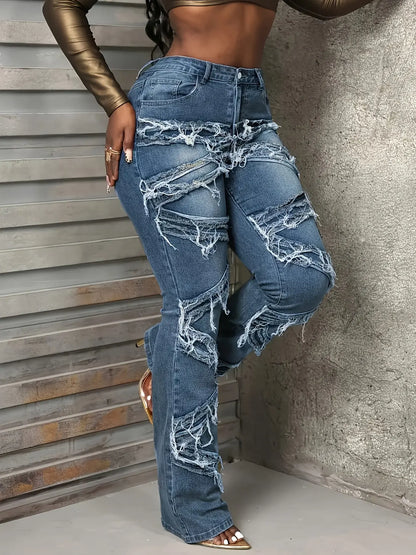 Women'S Large Size Mid-rise Skinny Jeans With Flared Design. Multi-layer Stacking With Distressed Edges. Highly Elastic And Comfortable Soft Denim Fabric. Suitable For Spring And Summer. Chic Le'Meek