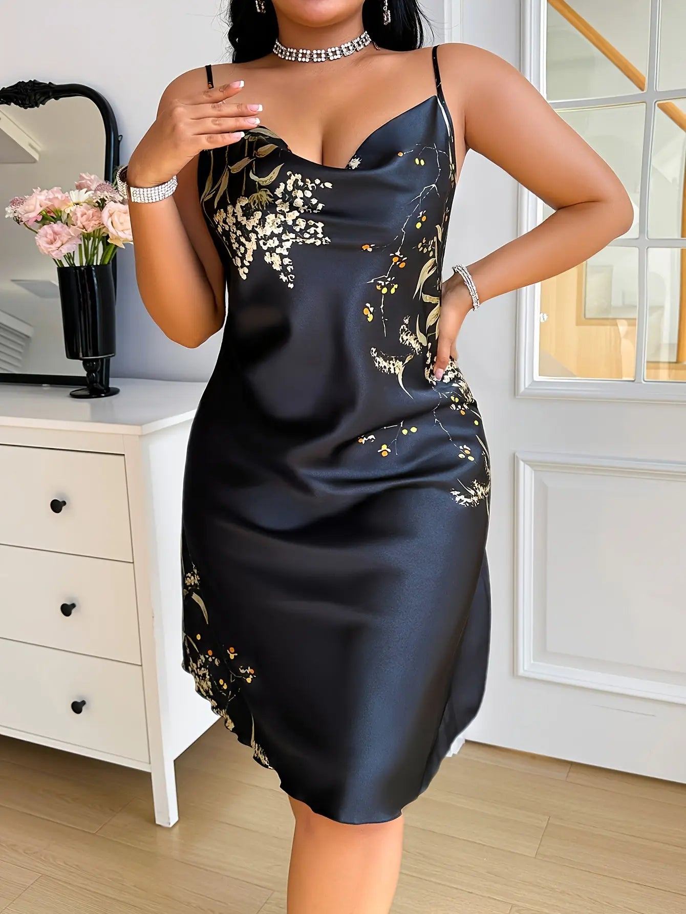 Plus Size Women's Black & Golden Floral Print Spaghetti Strap Nightgown Temu