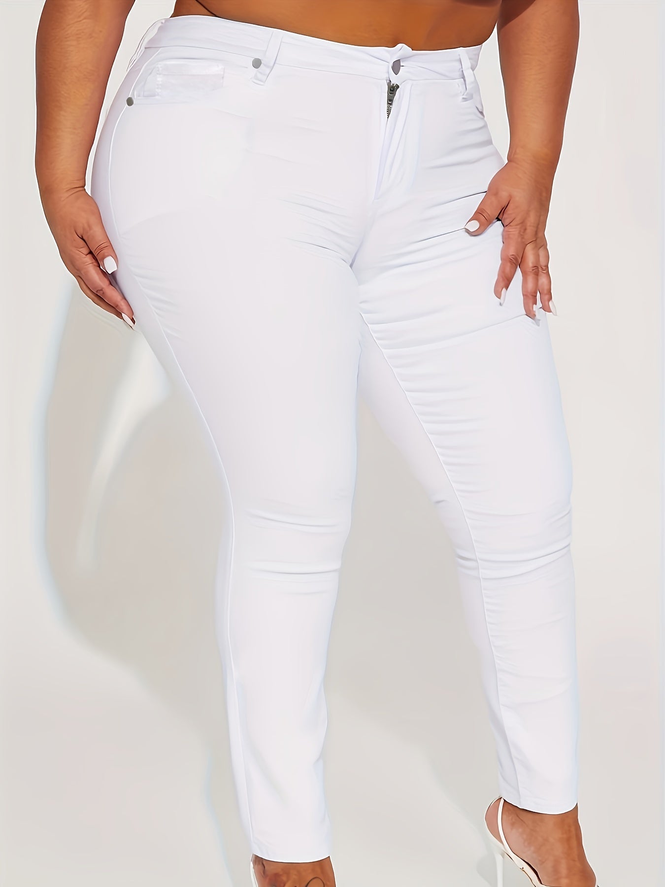 Plus Size Trendy Jeans, Women's Plus Solid Button Fly High Stretch Skinny Denim Pants