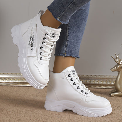 Women's Letter Graphic Side Zipper Platform Sneakers, Lace-up Fashion High-top Casual Sports Shoes With Hidden Heel, Women's Comfy Footwear