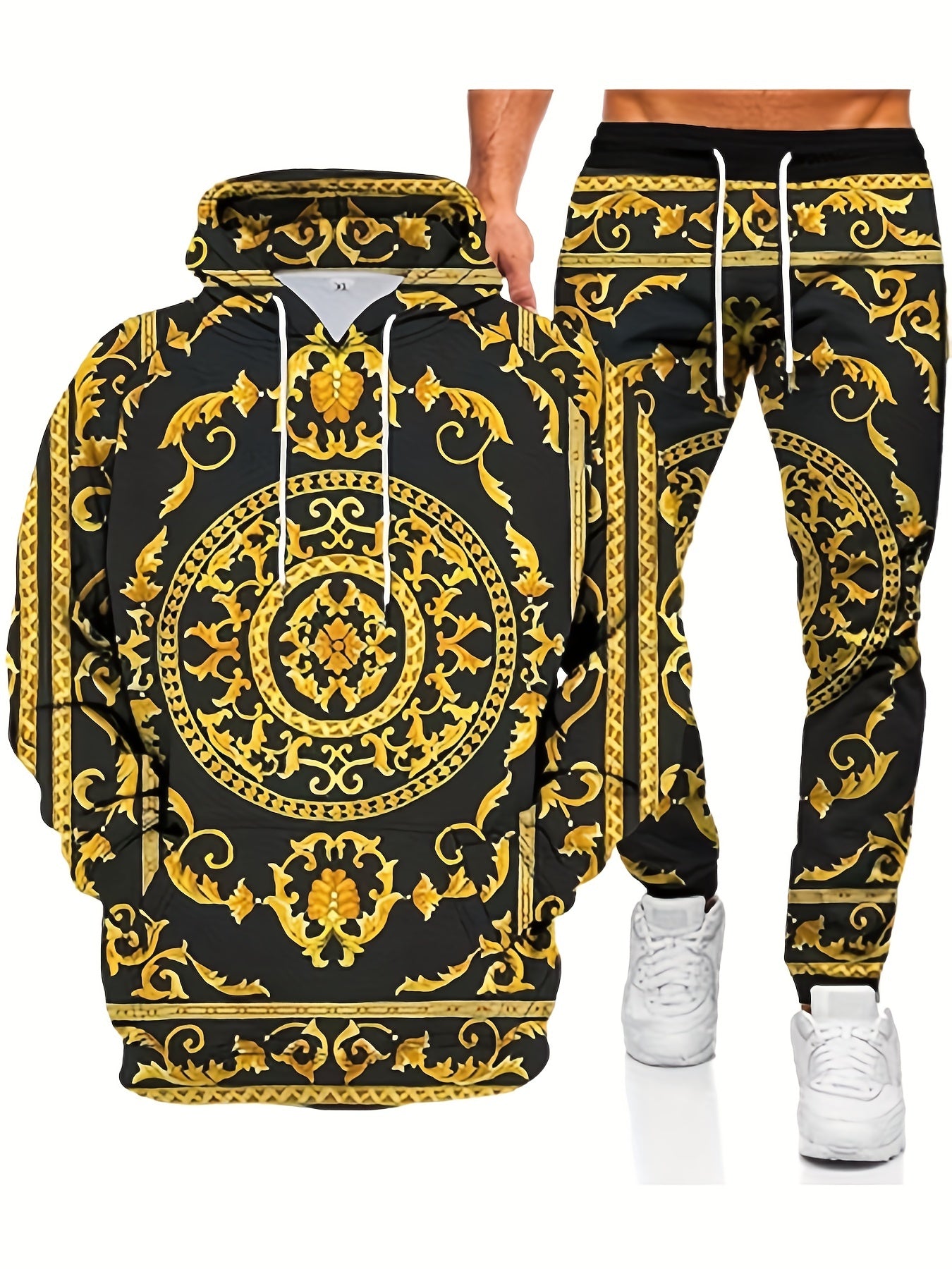 2PCS Plus Size Men's Tracksuit Co Ord Set - Traditional Pattern Full Print Long Sleeve Hooded Sweatshirt And Pants Set, Casual And Athletic Style