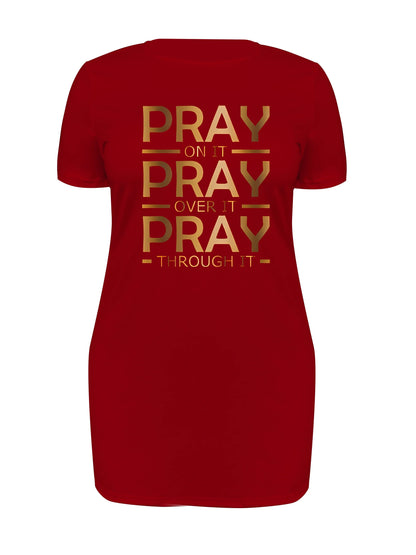 Chic Plus Size Women's "Pray On It Pray Over It Pray Through It" Golden Letter Print T-Shirt Dress - Stretchy Polyester Blend Crew Neck, Machine Washable, All-Season Casual & Office Wear, Ladies T-shirts, Bold Graphic Tee, No Chic Le'Meek
