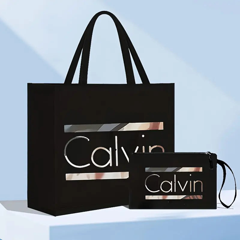 [Chic Calvin Print Set] Durable Two-Piece Canvas Tote & Cosmetic Bag Set Temu